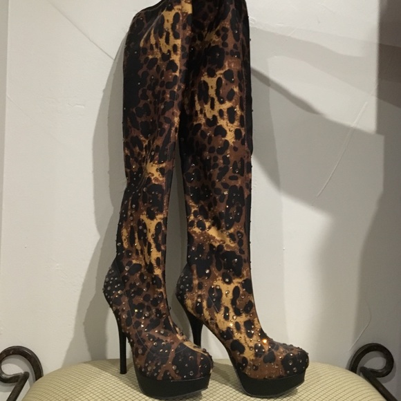 Leopard Thigh High Boots w/ rhinestone accents