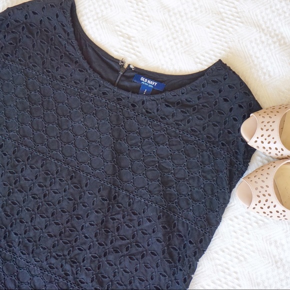 Black eyelet dress with scalloped hemline