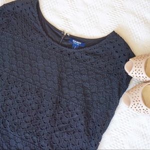 Black eyelet dress with scalloped hemline