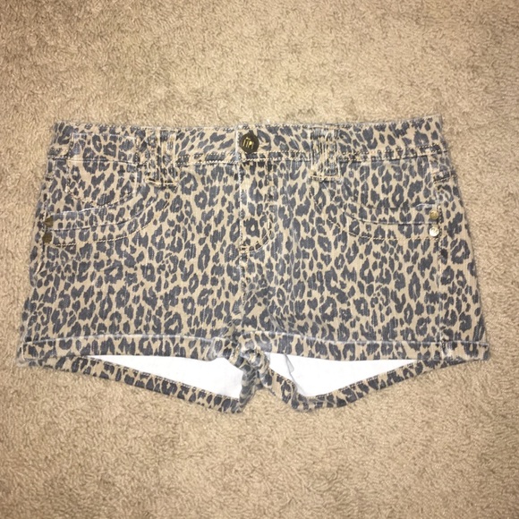 Leopard print denim shorts
