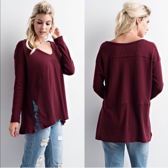 AVELIE solid side slit long sleeve top - BURGUNDY - Picture 2 of 2