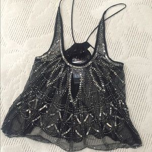 NWT pins and needles sheer black beaded top