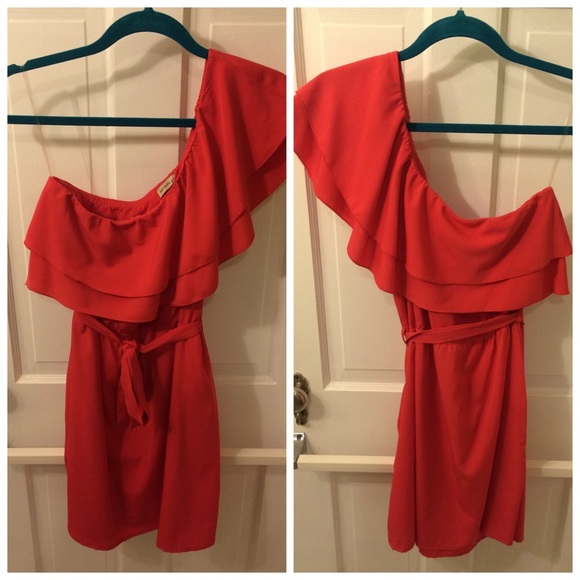 One shoulder coral ruffle dress