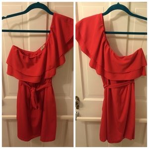 One shoulder coral ruffle dress