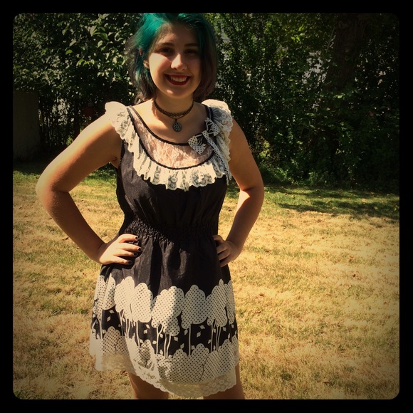 Yumi black and white polkadot & lace mini dress L - Picture 1 of 4