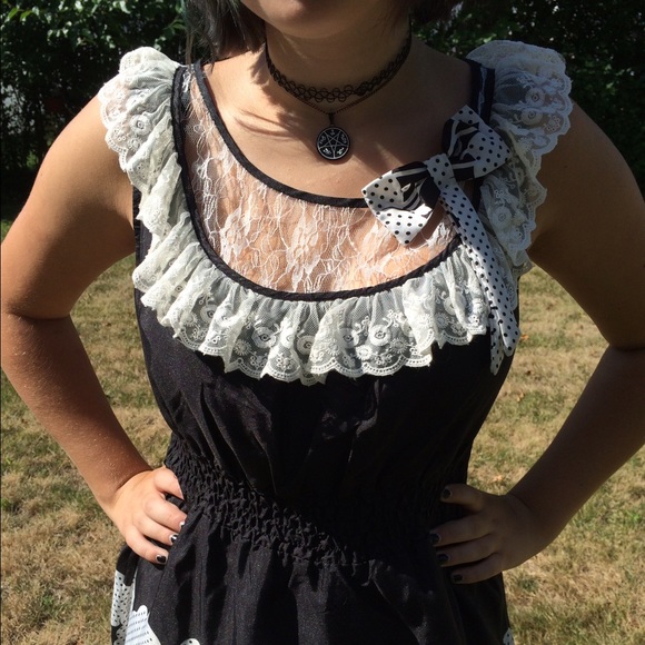 Yumi black and white polkadot & lace mini dress L - Picture 2 of 4