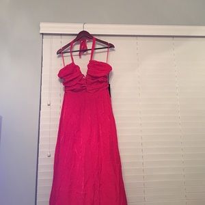 Red silk like halter maxi dress