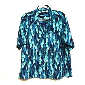 Teal Green Feather Design Button-Down Top