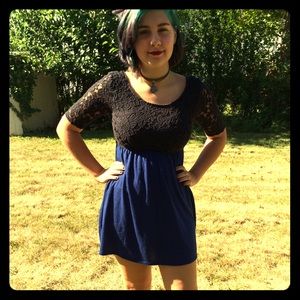 Black lace sleeve & blue color block mini dress 5