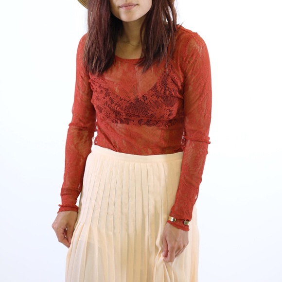 Anthropologie Tops - Ella Moss || Red Semi Sheer Lace Long Sleeve Top