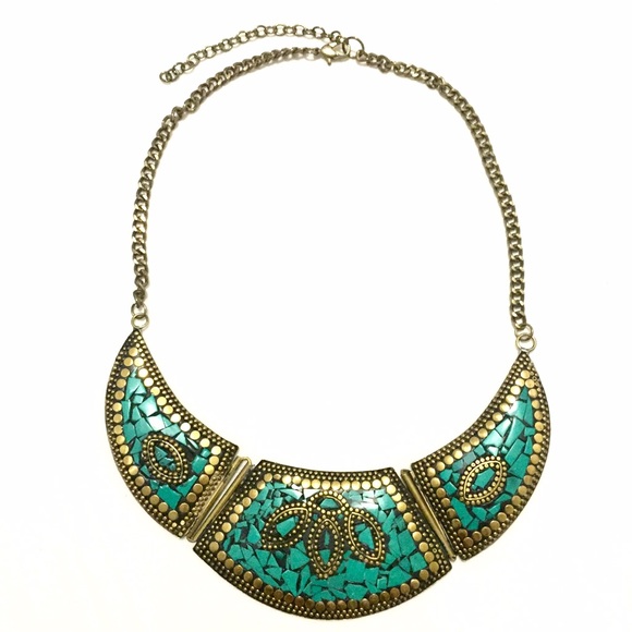 Boho statement necklace with gold and turquoise