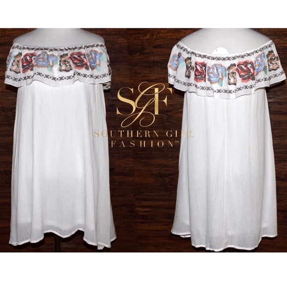 EMBROIDERED DRESS Floral Swing Off Shoulder Mini - Picture 2 of 4