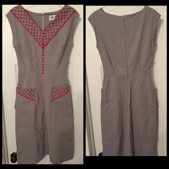 Grey A-Line Dress/Red Stitching by Bettie Page - Picture 3 of 4