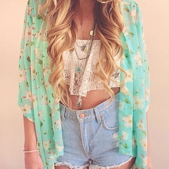 Green Floral Chiffon Kimono Cardigan - Picture 2 of 4