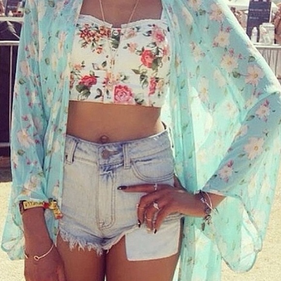 Green Floral Chiffon Kimono Cardigan - Picture 3 of 4