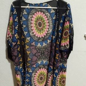 Long colorful patterned fringe kimono