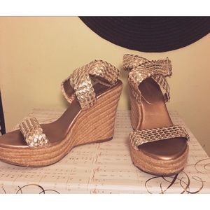 Authentic BCBG Gold Cross-Strap Wedges