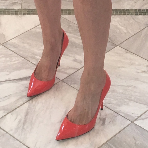Jimmy Choo patent orange pumps