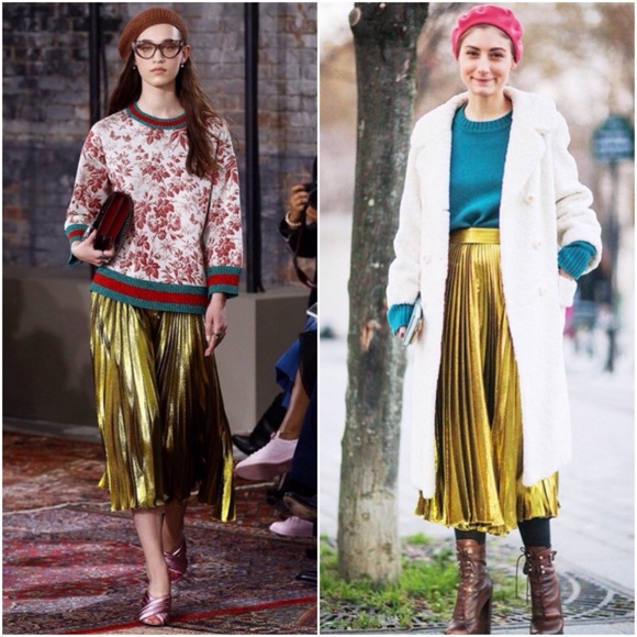 Zara Rusty Gold Suede Pleated Metallic Midi Skirt - Picture 3 of 4