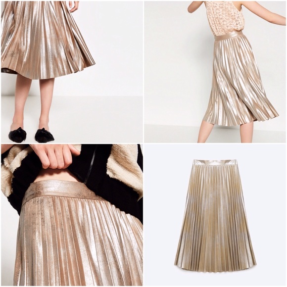 Zara Rusty Gold Suede Pleated Metallic Midi Skirt - Picture 2 of 4