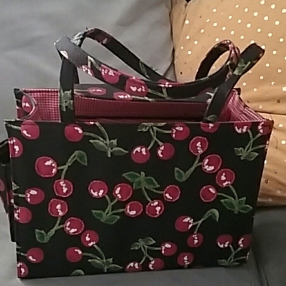 Beautiful cherry print beaded bag with gingham