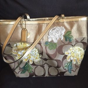 COACH SIGNATURE STRIPE FLORAL TOTE