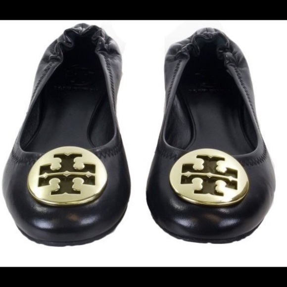 Tory Burch Reva Black Flats. Gold Logo. Size 5/6.