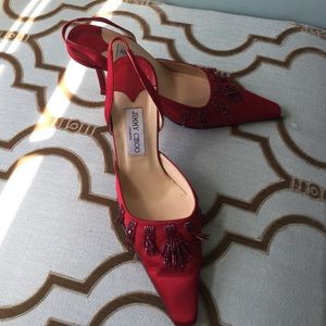 Jimmy Choo red satin heels with beads
