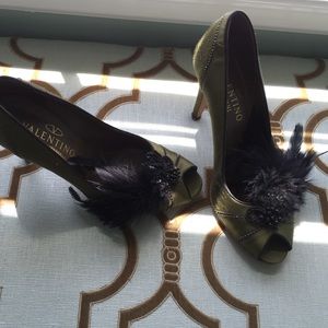 Valentino green satin heels with feather
