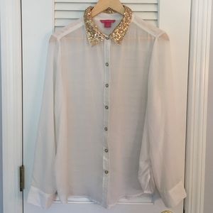 Sheer white with gold sequin collared shirt