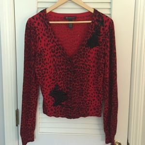 INC red & black cheetah print cardigan w/ beading