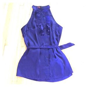 Purple, silk, high neck, sleeveless blouse