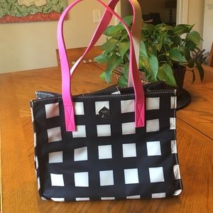 Purse, black and white, neon pink handle