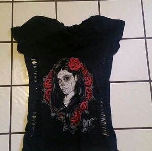 Sugar Skull Pin up t shirt slashed V neck