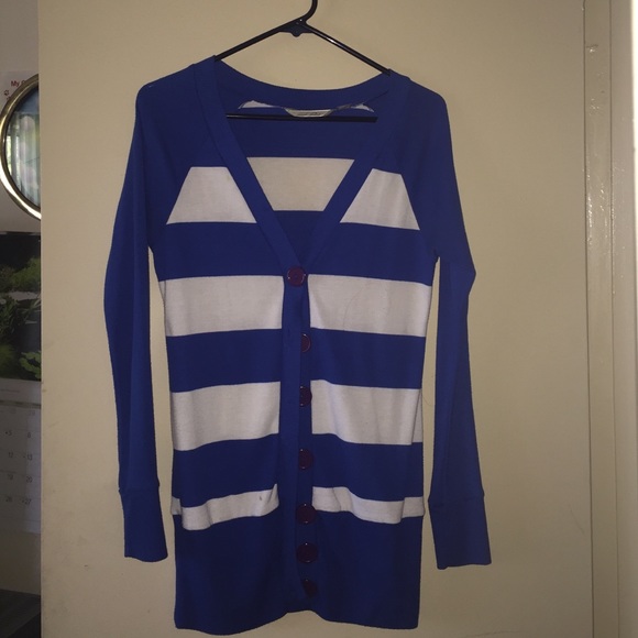 Blue and white cardigan.