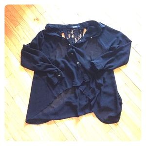 Sheer and lace, high low, cut-out back top