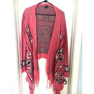 Pink and Grey Tribal Print Fringe Sweater
