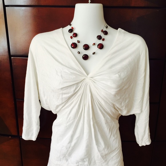 August silk off white v neck 3/4 sleeve gathered