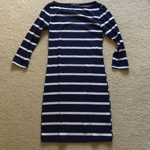 Blue and white three quarter sleeve striped dress