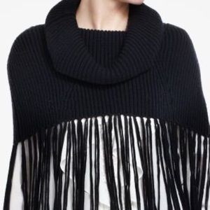 Cowl neck ribbed fringe black over piece