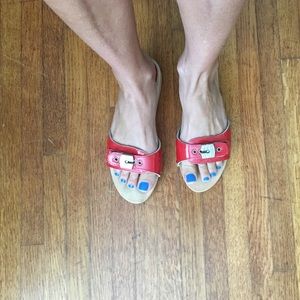 Original Dr Scholl wooden sandals, red patent