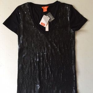 Black Short Sleeves Top - Faux Leather Sequins XS