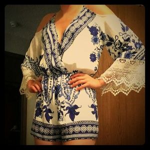 Blue and white open shoulder romper