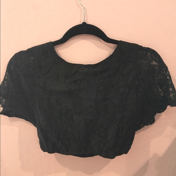 black lace crop top with an open back