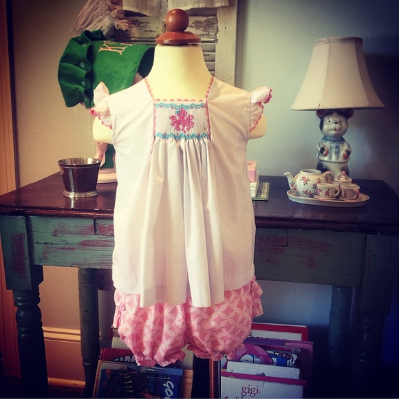 SOLD! Shrimp & Grits Kids smocked two piece set - Picture 1 of 3