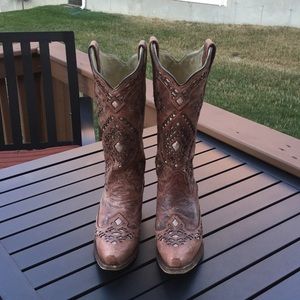Women,s cognac glitter inlay boot