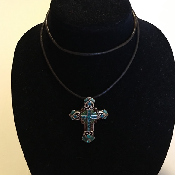 Turquoise and Brown Stones Cross on Leather Cord