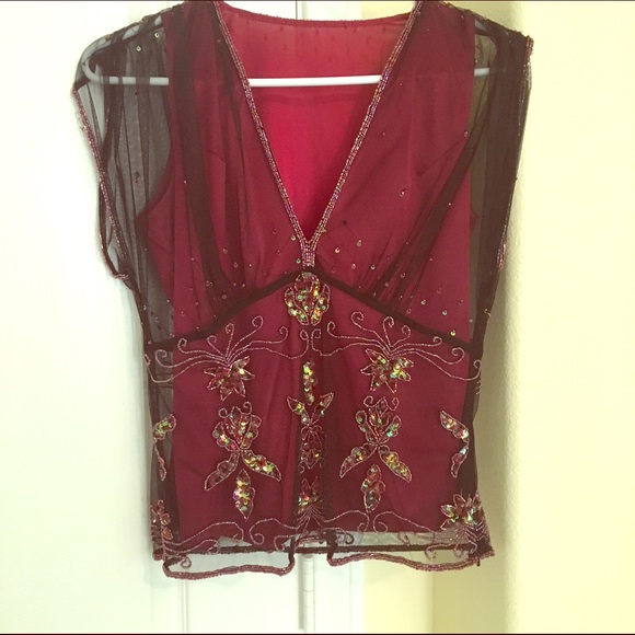 Beautiful Burgundy and Black Sequin and Beaded Top