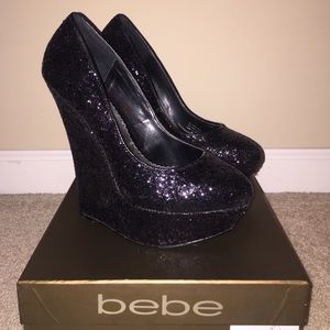 Bebe Black Glitter Wedges