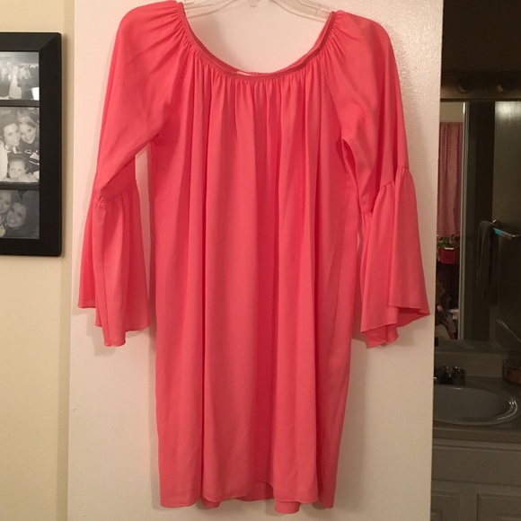 Coral shift dress with bell sleeves